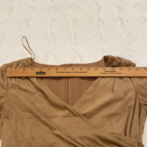 Kay Unger Tan Micro Suede Midi Dress- Faux wrap with decorative side zipper - Picture 11 of 15